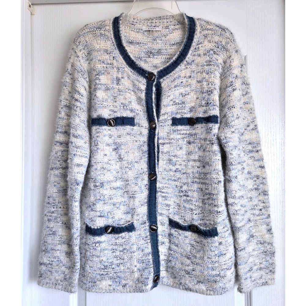 Sioni Blue Cream Tweed Wool Blnd Button Front Cardigan Sweater Lady Jacket Sz XL